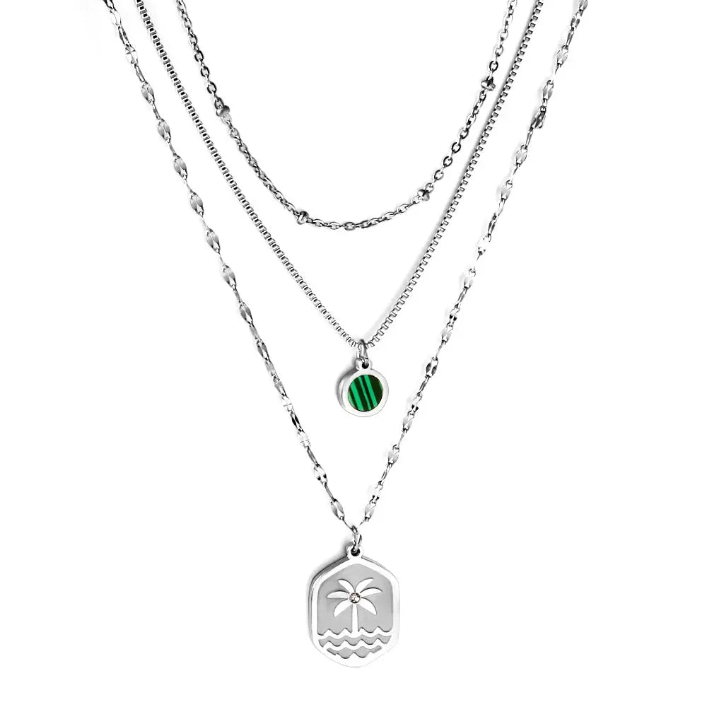 Stainless Steel Hexagon Coconut Tree Wave Pattern + Diamond With Chain Round Green Shell Accessories + Chain Three Chains Necklace asonjewelry